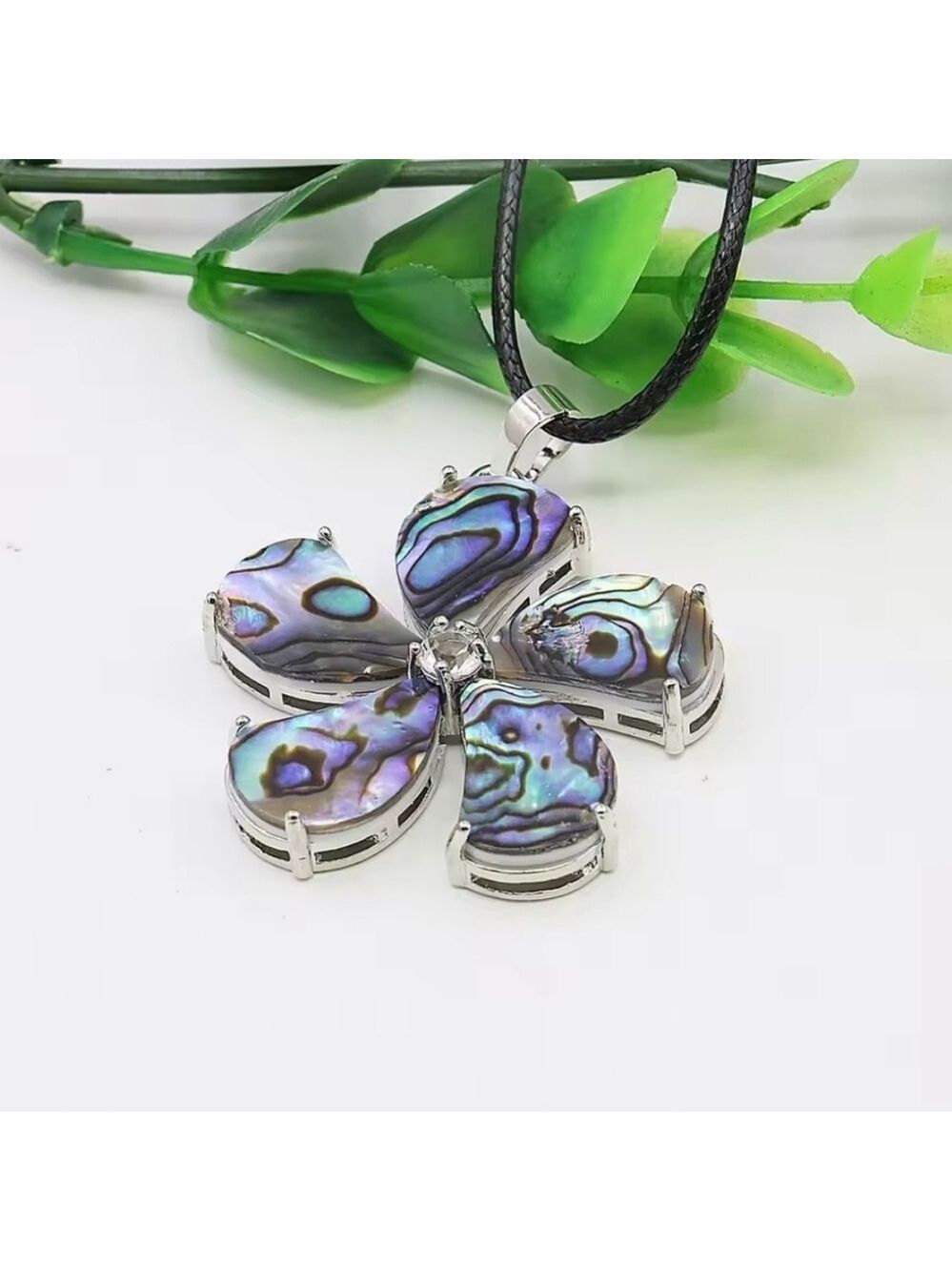 NATURAL Multi-color Abalone Shell Flower Shaped Pendant With Rhinestone - Picture 3 of 7